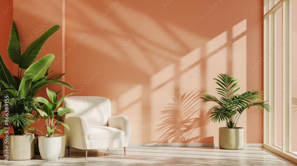 Interior of white retro furniture with green plants on a peach wall Interior of white retro furniture with green plants on a peach wall