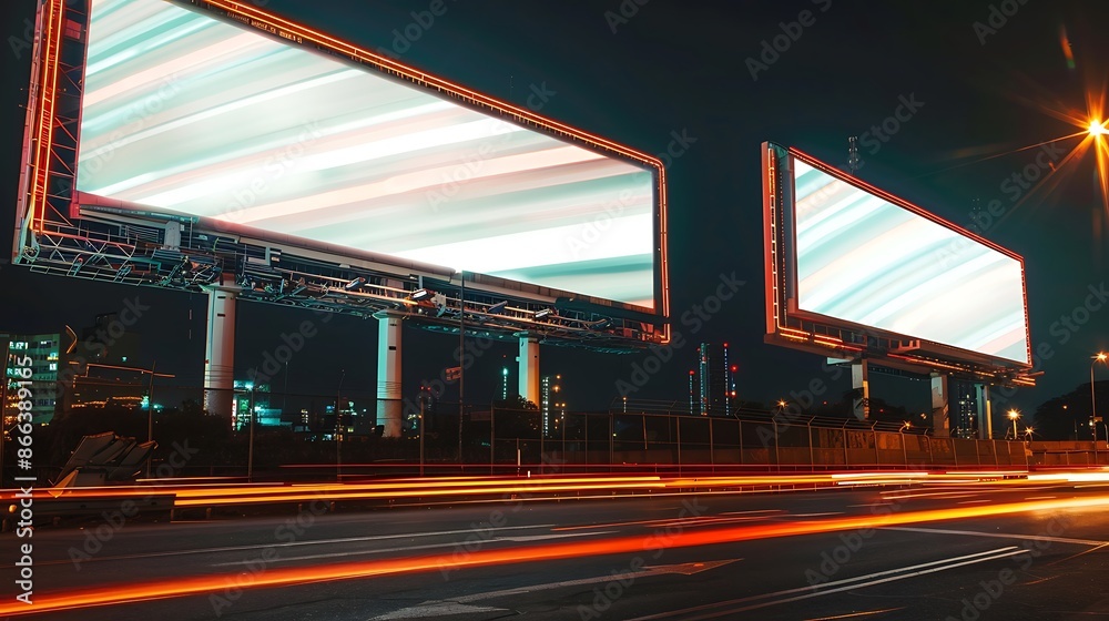 Neon-lit night scene featuring two massive blank billboards on an urban road. Neon-lit night scene featuring two massive blank billboards on an urban road.