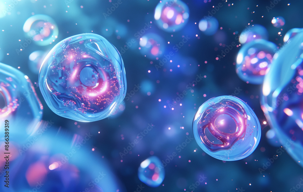 Close-up of glowing human cells suspended in a blue, starry background, showcasing vibrant cellular structures in a futuristic, abstract style Close-up of glowing human cells suspended in a blue, starry background, showcasing vibrant cellular structures in a futuristic, abstract style
