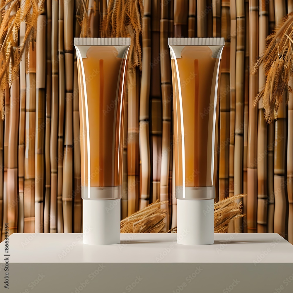 Elegant presentation of two tall skincare cream tubes on a white podium, bamboo setting. Elegant presentation of two tall skincare cream tubes on a white podium, bamboo setting.