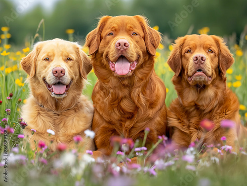 Three Chesapeake Bay Retrievers are sitting in a field of wildflowers, with two of them smiling and the one on the right looking serious