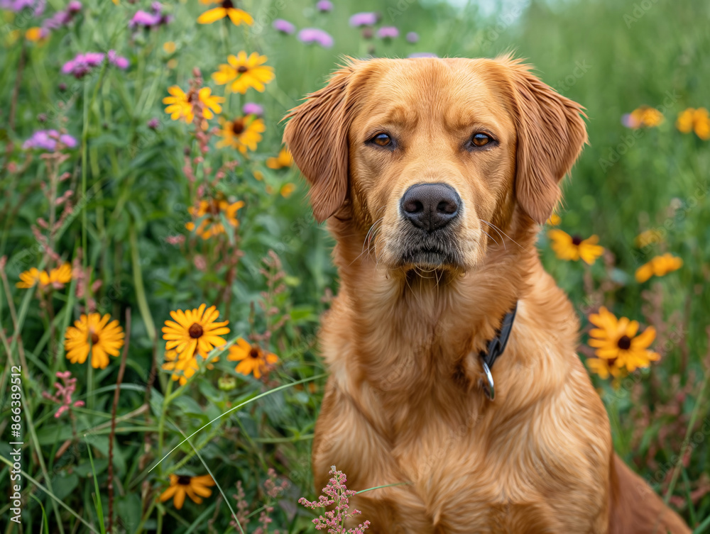 A Chesapeake Bay Retriever dog is sitting and posing amidst a field of vibrant wildflowers, including yellow and purple blooms The dog has a calm and attentive expression A Chesapeake Bay Retriever dog is sitting and posing amidst a field of vibrant wildflowers, including yellow and purple blooms The dog has a calm and attentive expression