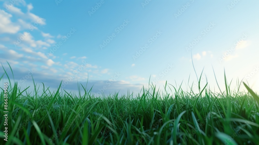 Fototapeta premium Panoramic Sunrise: Vast Blue Sky and Vibrant Green Fields