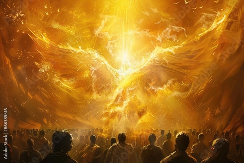Pentecost Sunday. The Holy Spirit Comes as Tongues of Fire. Digital illustration of the Holy Spirit descending on the believers. Rear view.