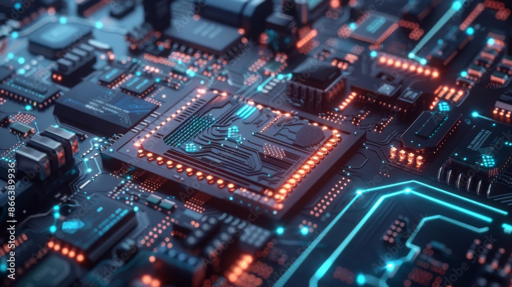 Close Up of a Futuristic Motherboard with Glowing Circuits Close Up of a Futuristic Motherboard with Glowing Circuits