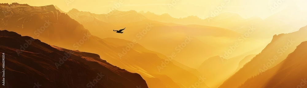mountain valley at sunset close up, focus on, copy space, warm hues, Double exposure silhouette with Griffin landing mountain valley at sunset close up, focus on, copy space, warm hues, Double exposure silhouette with Griffin landing