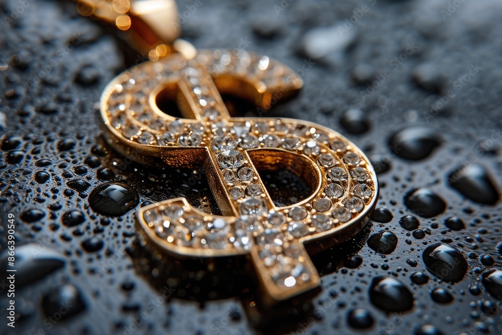 Luxurious Gold Dollar Pendant Sparkling on Black Luxurious Gold Dollar Pendant Sparkling on Black