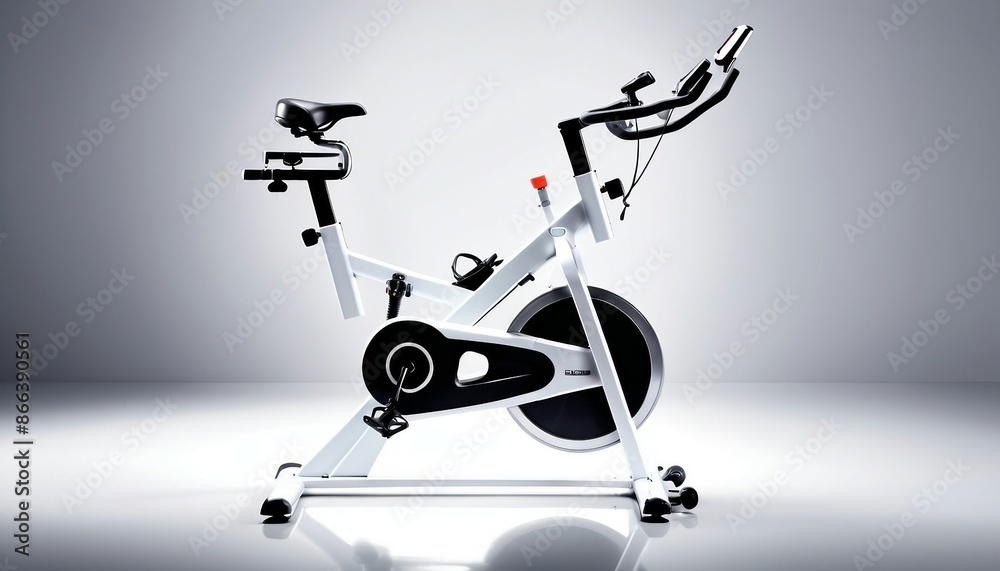A white stationary exercise bike, isolated background, glossy ground, ad shot, copy space for text
A white stationary exercise bike, isolated background, glossy ground, ad shot, copy space for text