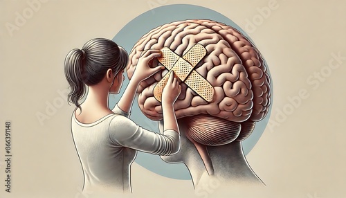 illustration of a woman placing a large bandage on a human brain, symbolizing the treatment of mental health or brain injury
