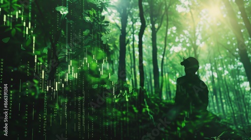 forest intertwined with stock chart close up, focus on, copy space, bold greens, Double exposure silhouette with Tengu lore