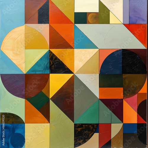 Repetition and variation of geometric forms create a rhythmic and dynamic visual rhythm