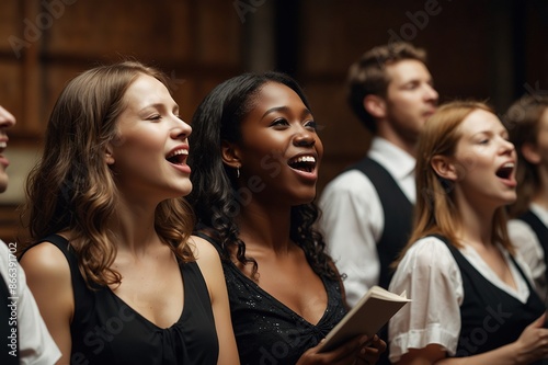 A group of people singing in a choir. Suitable for music and performance concepts