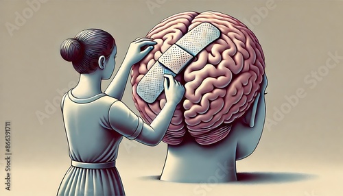 illustration of a woman placing a large bandage on a human brain, symbolizing the treatment of mental health or brain injury