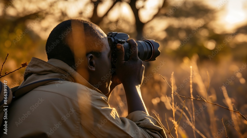 An African man, a young professional photographer with a camera, taking pictures of nature in the tropical savanna while traveling or on vacation, a tourist photographing nature or wildlife. An African man, a young professional photographer with a camera, taking pictures of nature in the tropical savanna while traveling or on vacation, a tourist photographing nature or wildlife.