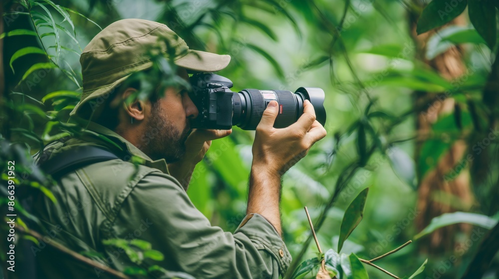 Fototapeta premium A male photographer, man traveling in the wilderness, tropical green forest or jungle surrounded by trees and foliage, with a camera in his hands photographing landscapes or wildlife.