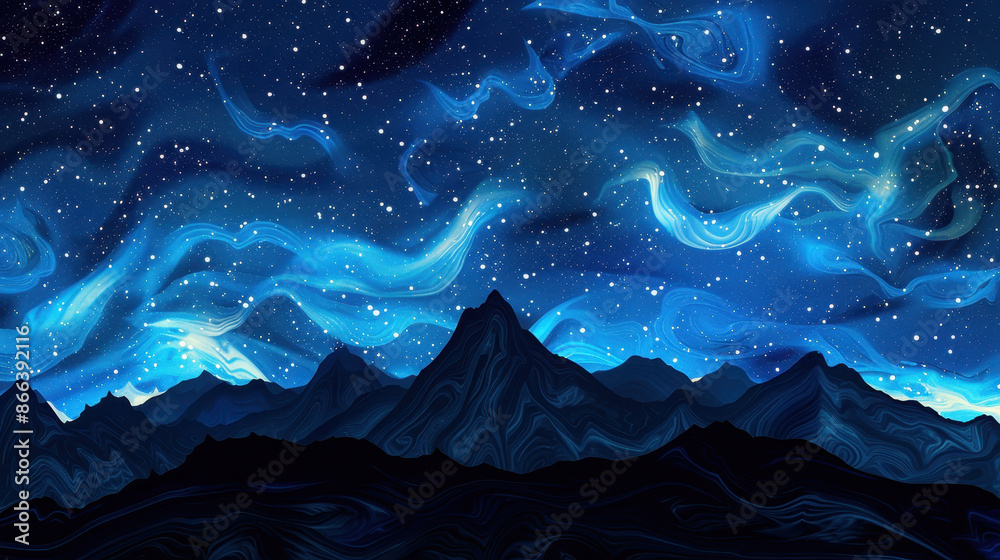 Silhouette of black mountains against a backdrop of swirling stars, abstract style, bold contrasts, illustration, modern and artistic. Silhouette of black mountains against a backdrop of swirling stars, abstract style, bold contrasts, illustration, modern and artistic.