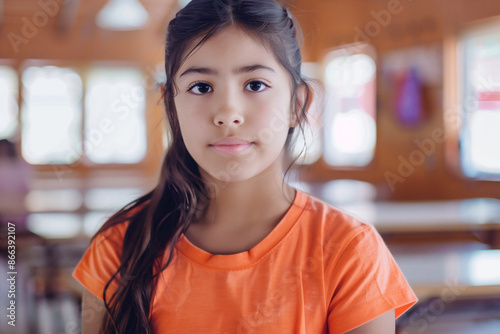 Girl wearing an orange shirt is sitting in a classroom. Orange t-shirt day concept