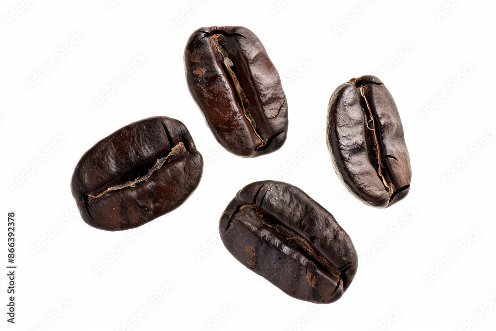 close up horizontal isolated image of four roasted coffee beans over a white neutral background close up horizontal isolated image of four roasted coffee beans over a white neutral background