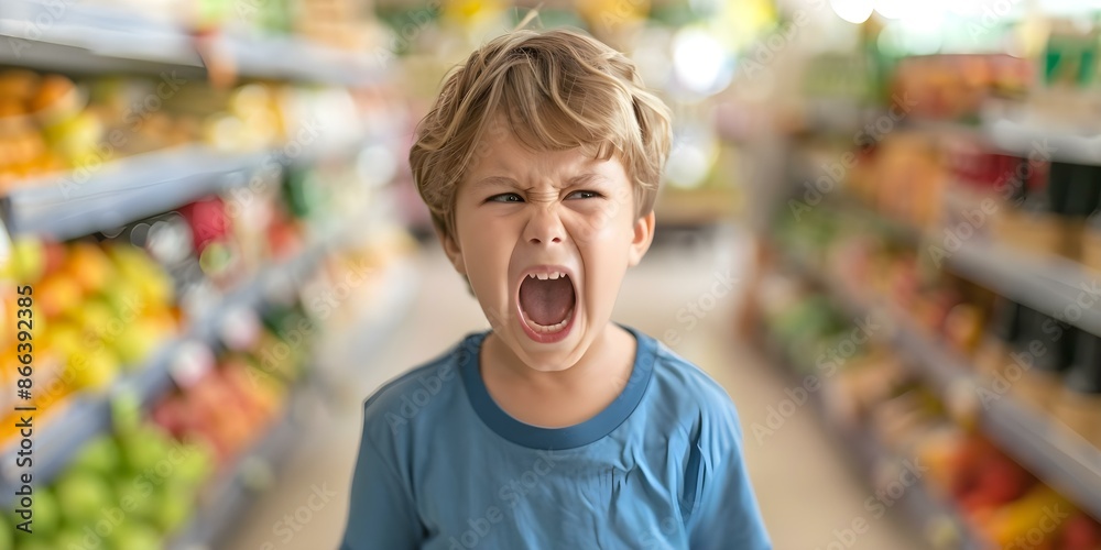Dealing with a Child's Tantrum in a Grocery Store. Concept Child's Behavior, Supermarket Tantrum, Parenting Tips, Calming Techniques Dealing with a Child's Tantrum in a Grocery Store. Concept Child's Behavior, Supermarket Tantrum, Parenting Tips, Calming Techniques