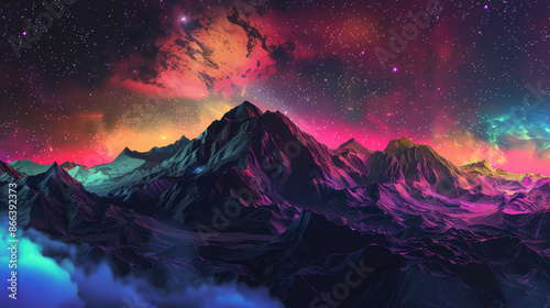 Black mountains at night with a surreal, star-filled sky, psychedelic style, rainbow hues, digital art, vibrant and trippy.,