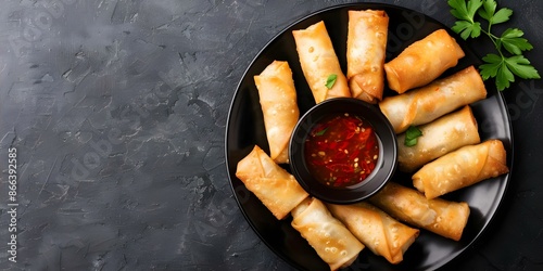 Crispy Filipino Lumpia Rolls with Savory Filling and Sweet-Sour Dipping Sauce. Concept Filipino cuisine, Lumpia recipe, Sweet-sour sauce, Savory filling, Crispy appetizer photo