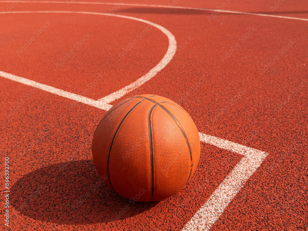 Basketball ball on the ground. Close-up ball on the red court. Basketball on the street or indoor court. Sports gear without people. Minimalism. Template, sport background Basketball ball on the ground. Close-up ball on the red court. Basketball on the street or indoor court. Sports gear without people. Minimalism. Template, sport background