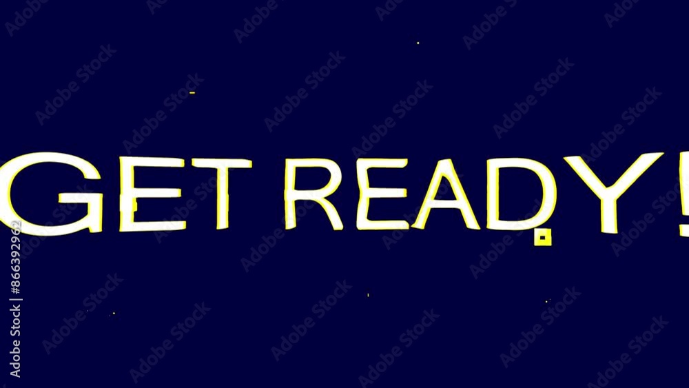 Glitchy and warped GET READY! message on dark blue with yellow highlights. Abstract intro message, background or graphic resource.
