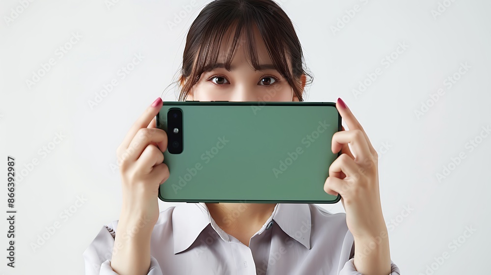 Asian lady demonstrating a device, visible from behind a sizable green smartphone, plain background. Asian lady demonstrating a device, visible from behind a sizable green smartphone, plain background.