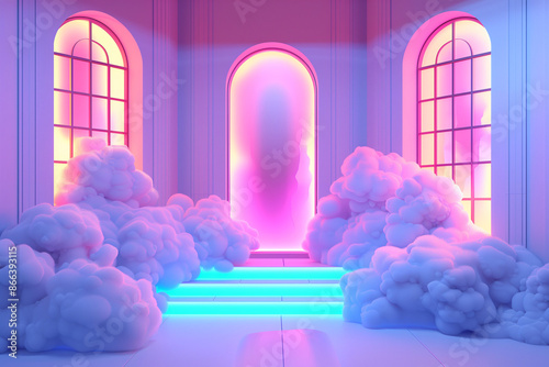 Pink neon atmospere room with a window steps and clouds, modern concep of stariway to heaven, blissfull enviroment and trending rooms. photo