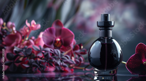Exotic Black Orchid Perfume Extract in Elegant Bottle against Mysterious Florals photo
