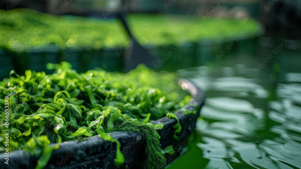 A close-up shot of a basket filled with spirulina, a nutrient-rich blue-green algae, harvested from a pond in a tropical setting A close-up shot of a basket filled with spirulina, a nutrient-rich blue-green algae, harvested from a pond in a tropical setting