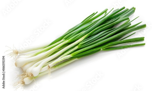 Fresh green onions, also known as scallions, with white bulbs and green leaves displayed on a white background. Perfect for cooking and garnishing.