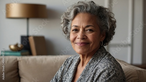 A mature biracial woman enjoys a peaceful moment at home, with copy space