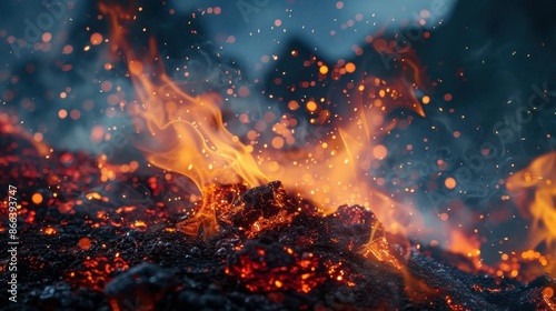 rocky mountain terrain with glowing embers close up, focus on, copy space, vivid contrast, Double exposure silhouette with Phoenix flames