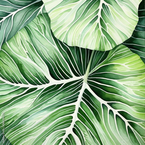 Wallpaper Mural A watercolor painting showcasing a striking alocasia leaf with bold, contrasting green and white patterns. Torontodigital.ca