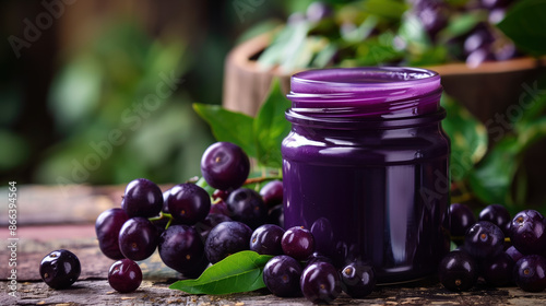 Amazon Rainforest Scene with Sleek Purple Jar of Acai Berry Extract and Exotic Fruits photo