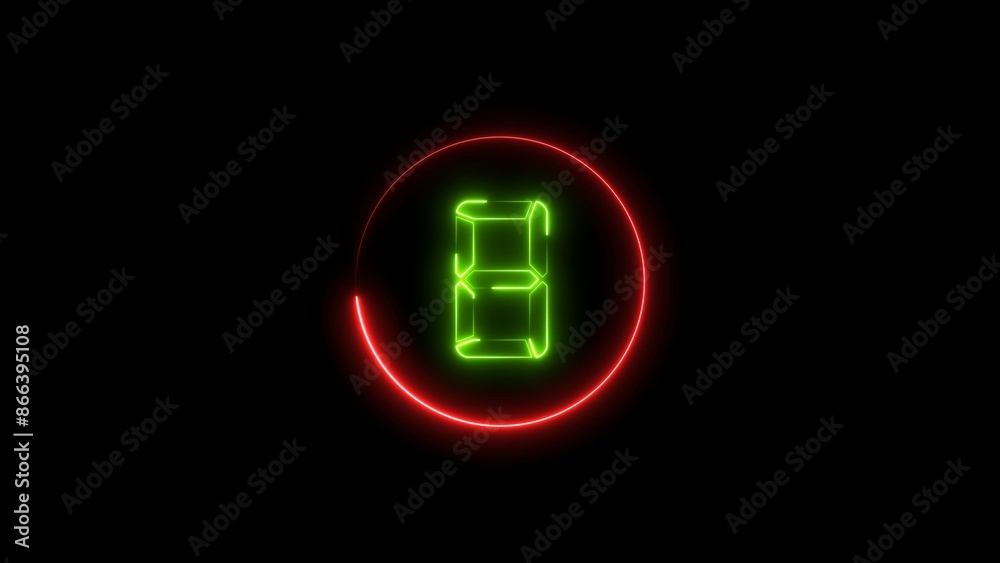 abstract green color neon light countdown eight number red circle 4k illustration on black background. abstract green color neon light countdown eight number red circle 4k illustration on black background.