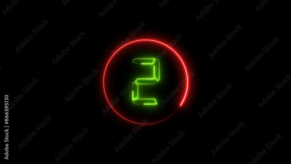 abstract green color neon light countdown two number red circle 4k illustration on black background. abstract green color neon light countdown two number red circle 4k illustration on black background.