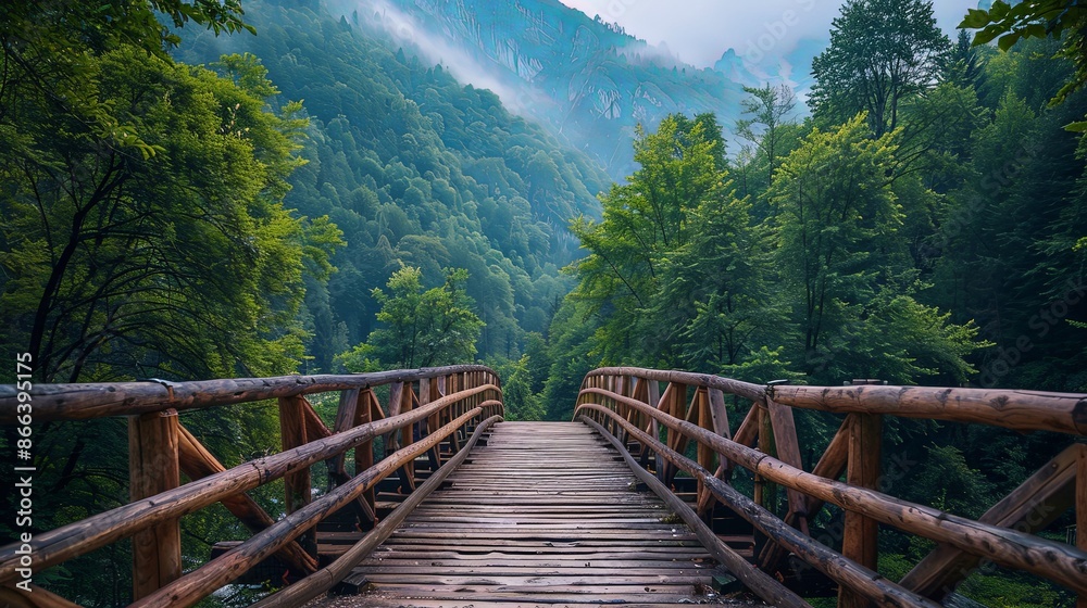 A wooden bridge stretches across a lush green valley surrounded by dense forests and distant misty mountains, embodying peace and beauty in nature's embrace. A wooden bridge stretches across a lush green valley surrounded by dense forests and distant misty mountains, embodying peace and beauty in nature's embrace.