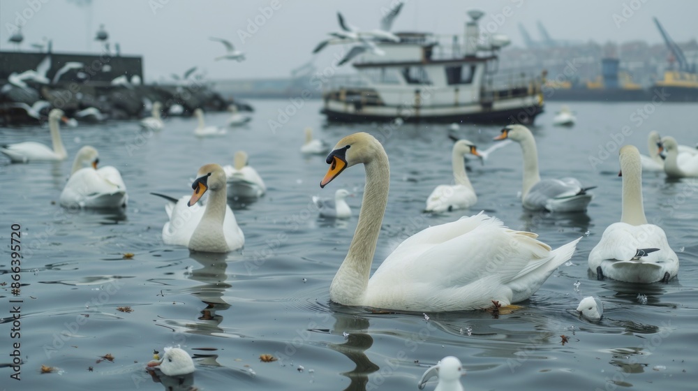 Swan, duck, gulls and bald-coots. Swans, ducks and gulls in the seaport waters on a cloudy winter day