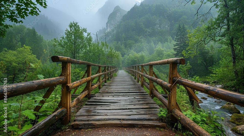 A rustic wooden bridge spans a gently flowing stream within a dense, misty forest. The fog adds an ethereal quality, making the scene feel mysterious and tranquil. A rustic wooden bridge spans a gently flowing stream within a dense, misty forest. The fog adds an ethereal quality, making the scene feel mysterious and tranquil.
