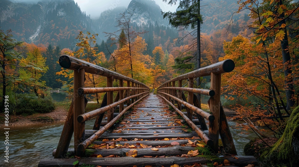 A wooden bridge surrounded by vibrant autumn foliage, with the pathway disappearing into the distance amidst the fall-colored trees, creating a warm and inviting scene. A wooden bridge surrounded by vibrant autumn foliage, with the pathway disappearing into the distance amidst the fall-colored trees, creating a warm and inviting scene.