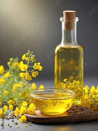 Canola Oil: A transparent bottle of light yellow canola oil, with a small canola seeds beside it.