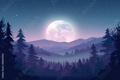 Enchanting fantasy background with night forest and glowing moon