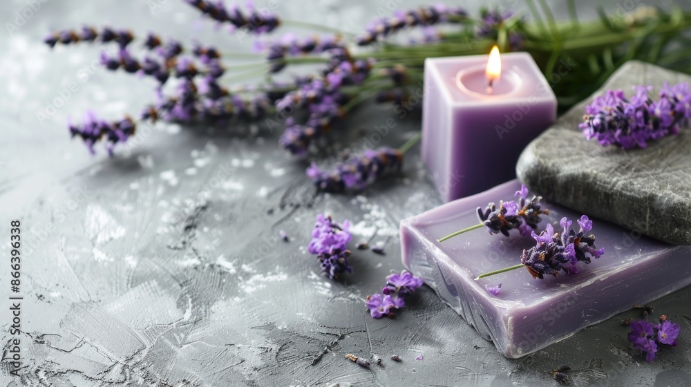 Handcrafted lavender soap and candles on grey backdrop