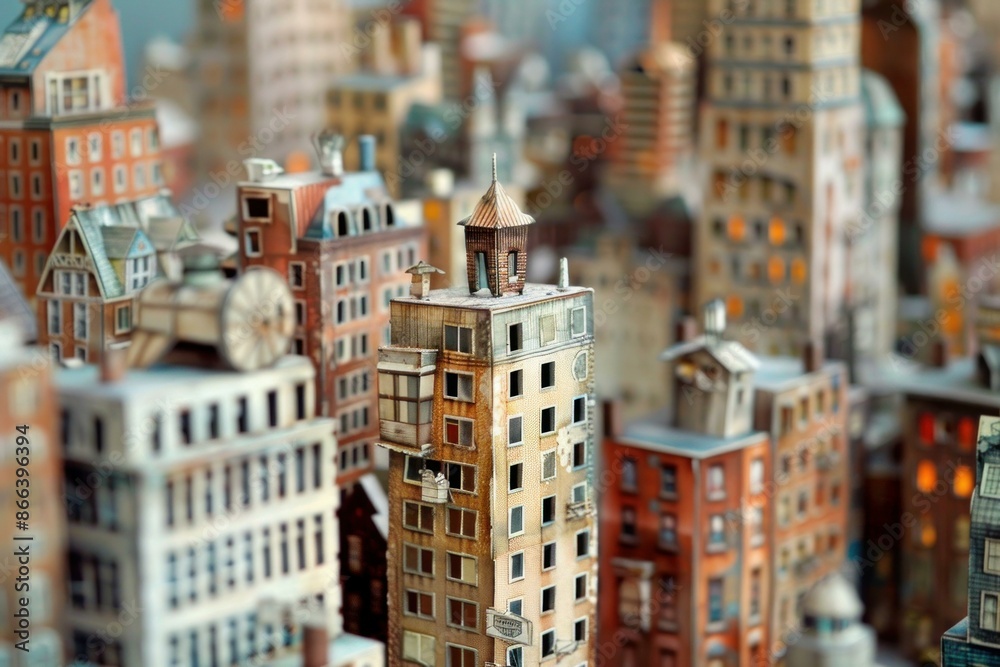 Fototapeta premium Closeup image of a miniature urban skyline featuring a tiltshift photography technique