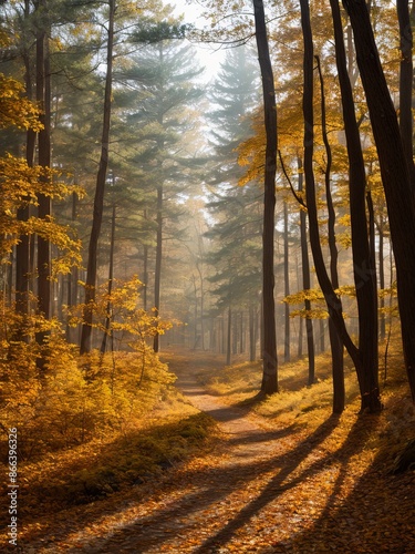 Sunlit autumn forest path with tall trees and golden foliage