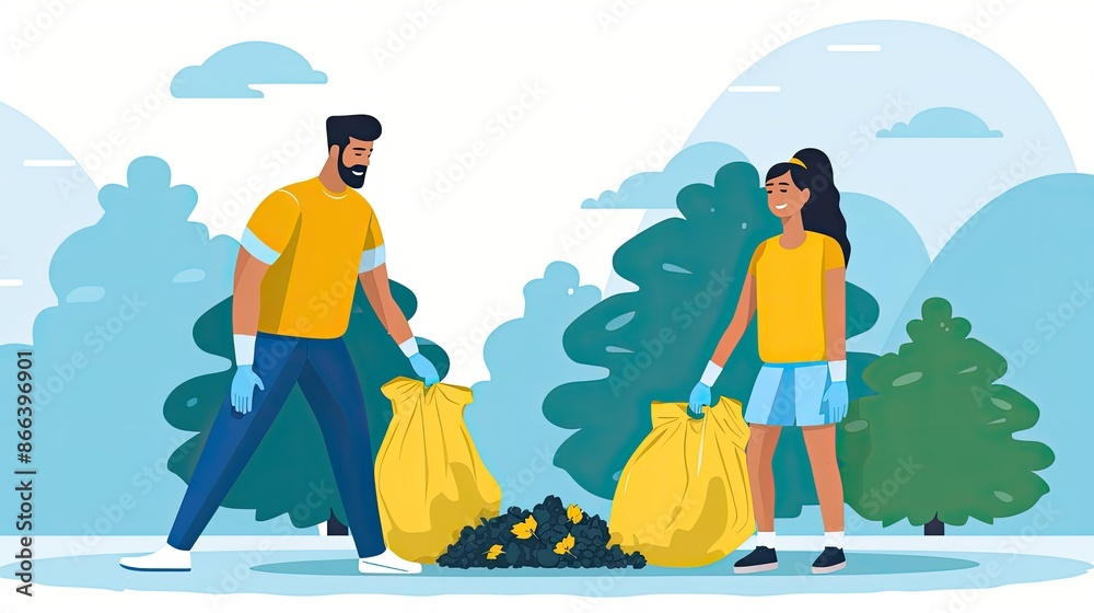 Fototapeta premium Two people are cleaning up trash in the park 