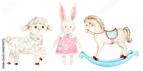 Fotografie Sheep, bunny, rocking horse