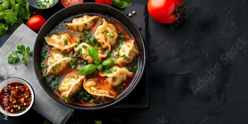 Nepalese Spicy Dumpling Soup with Tomato Fried Gyoza and Seasoned Broth. Concept Nepalese Cuisine, Spicy Dumplings, Tomato Fried Gyoza, Seasoned Broth, Traditional Dish photo
